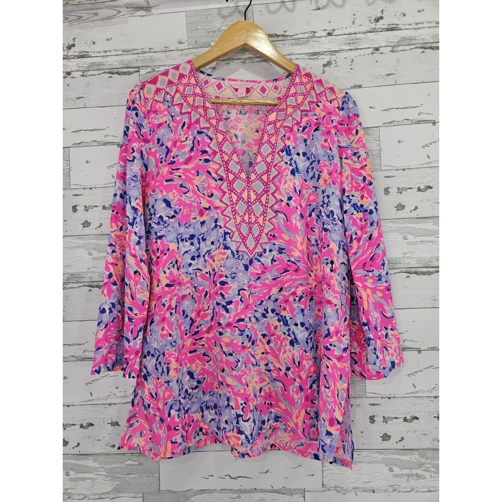 Lilly Pulitzer Pink Purple Coral Silk Tunic Top Embroidered V-Neck Small